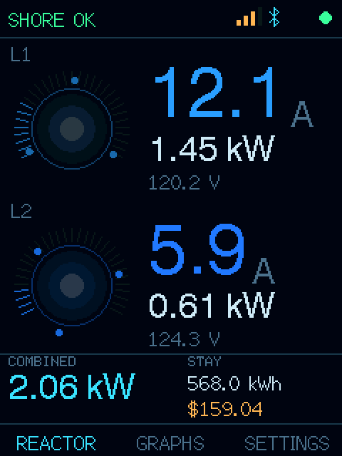 The Shore Power Bridge device screen showing live shore-power readouts in cyan and green