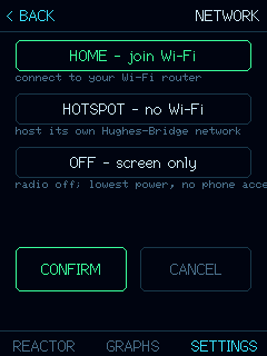 The device NETWORK screen where you choose between home Wi-Fi and the box's own hotspot