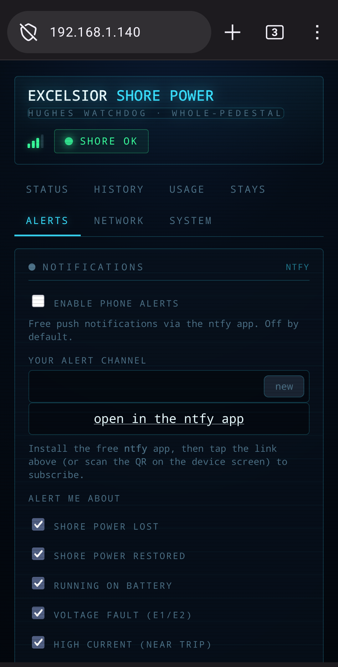 The phone page Alerts tab with a switch for each kind of alert and the daily check-in