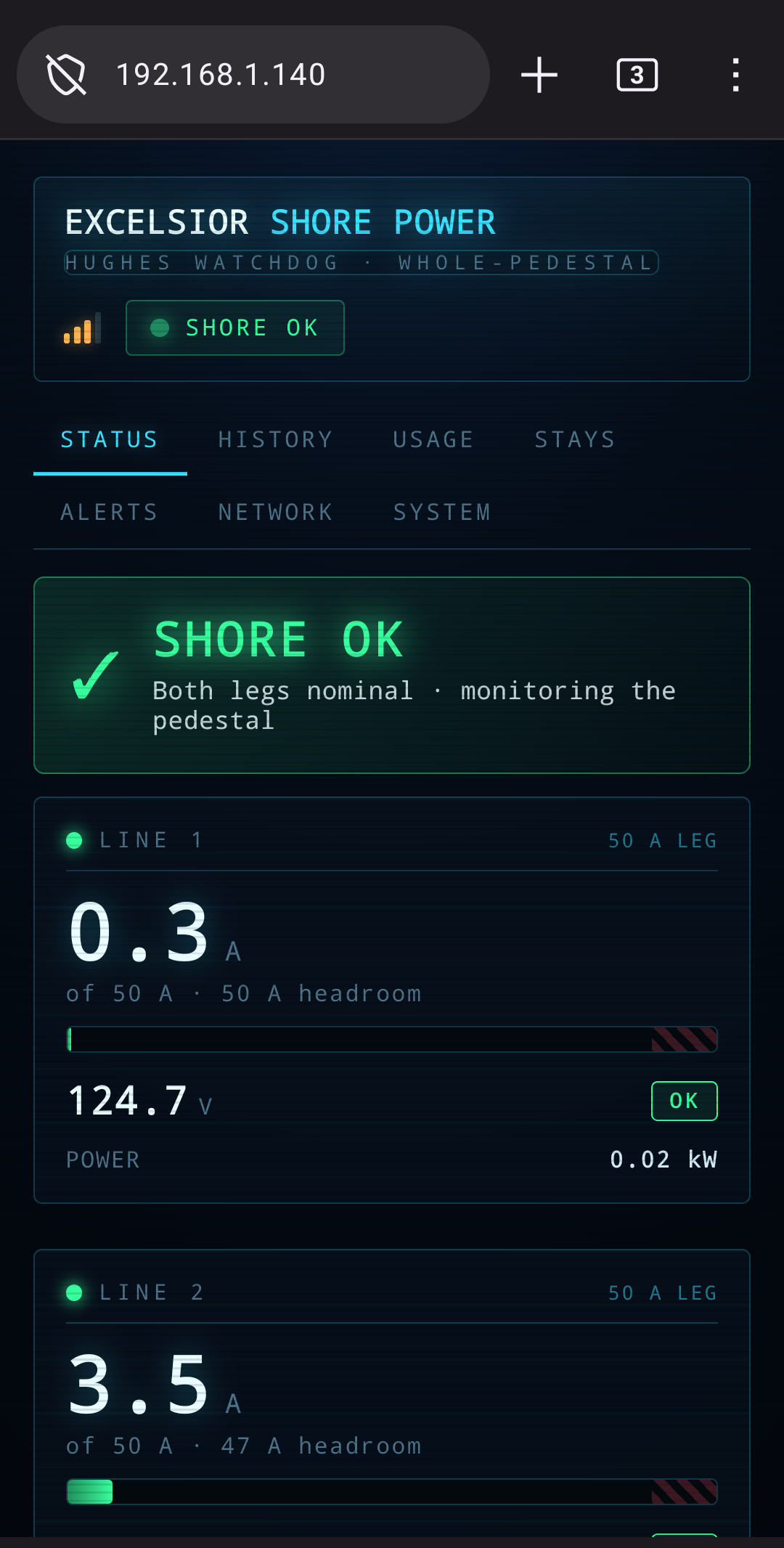 The Shore Power Bridge status page open in a phone browser