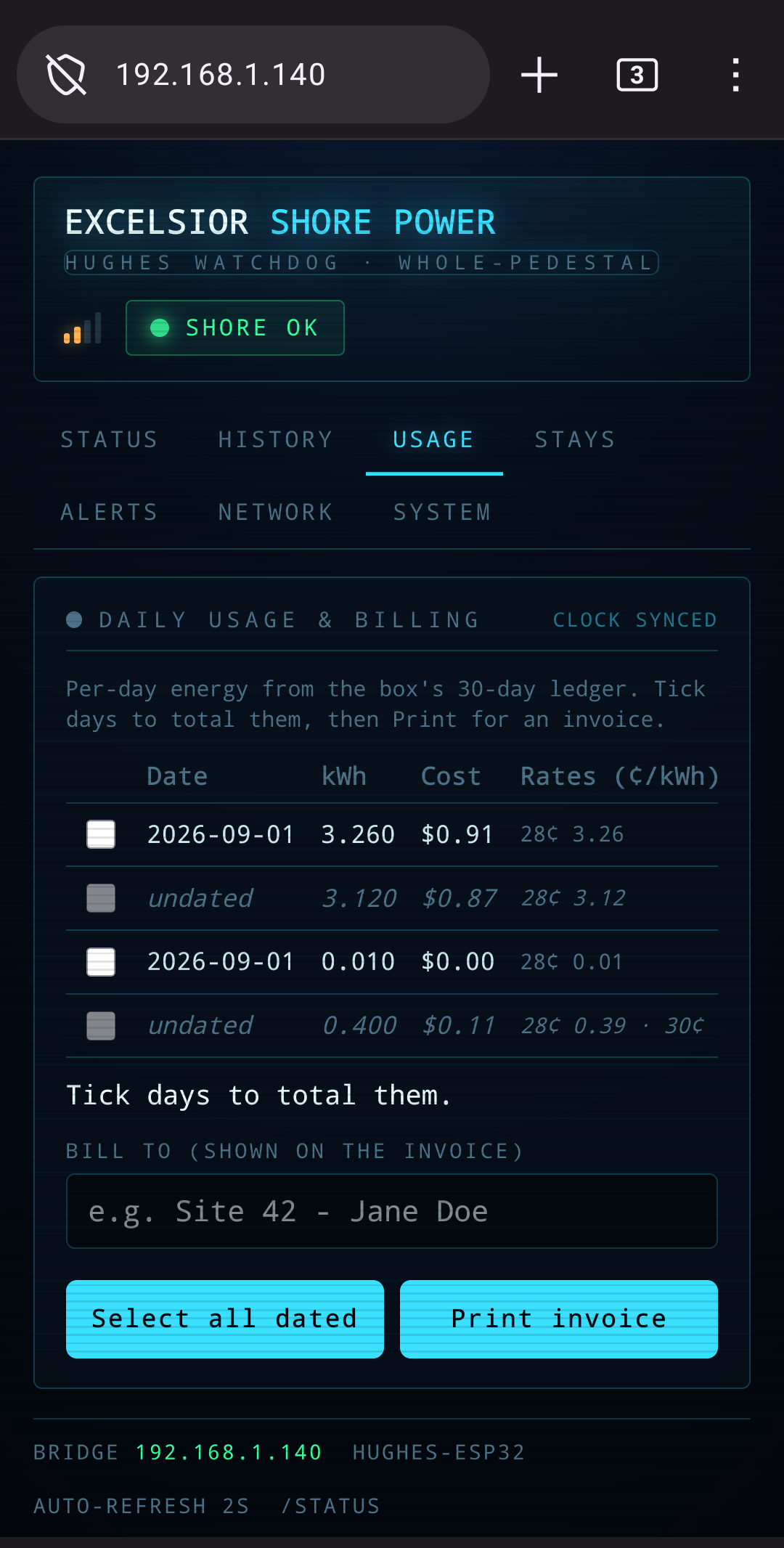 The phone page Usage tab showing the full 30-day diary with a print-invoice button