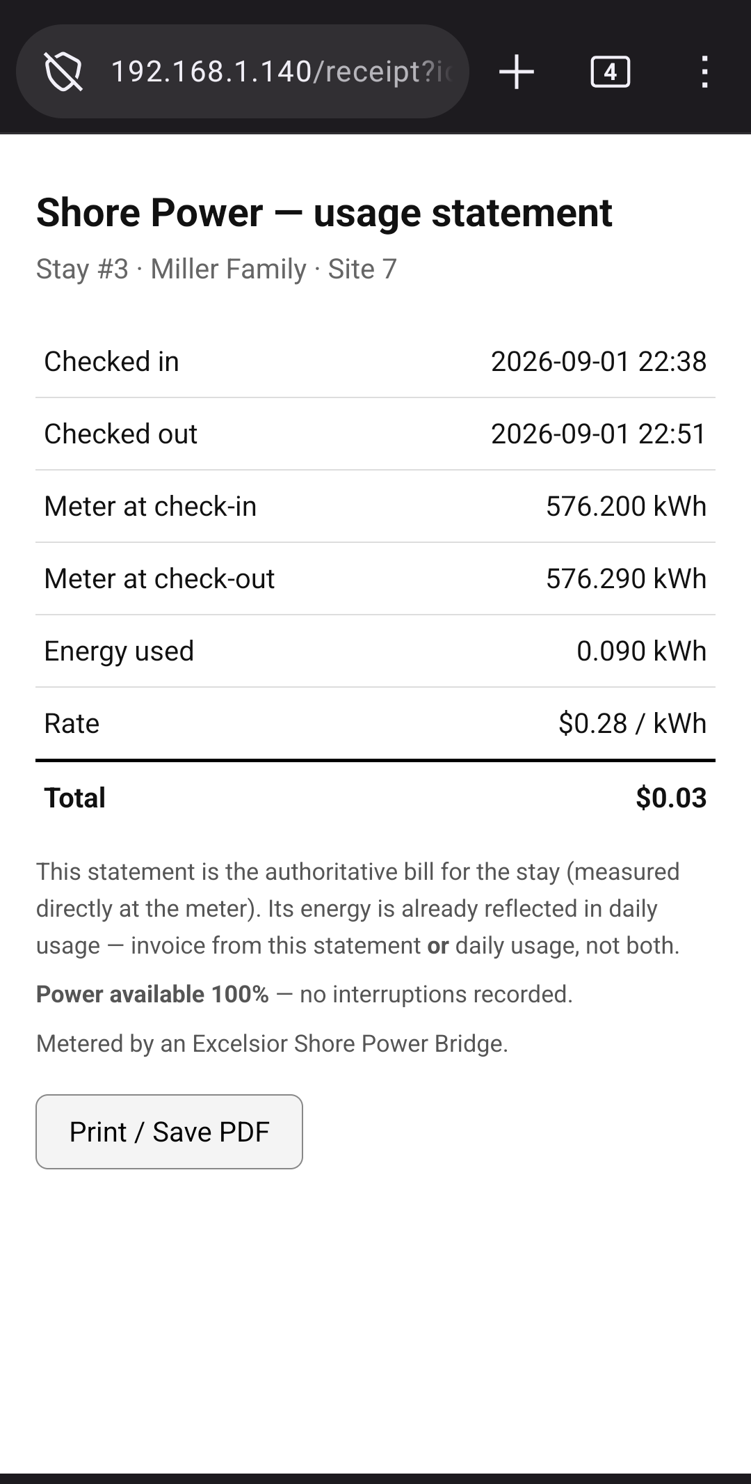 A guest's printable receipt showing the dates, the electricity used, and the cost