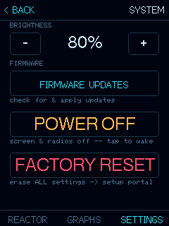 The device SYSTEM screen with the brightness slider and the power-off button