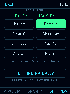The device Time screen with the clock and a list of time zones to tap